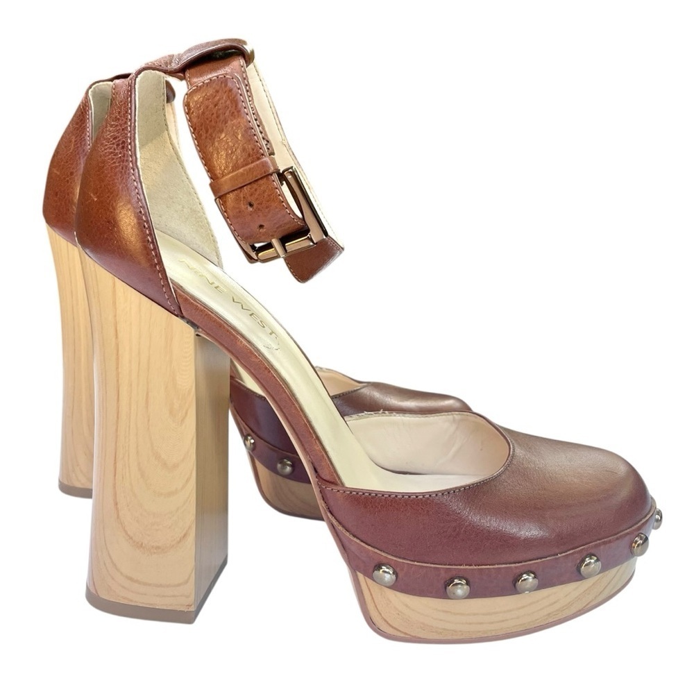 Nine West Brown Studded Leather Platforms 7M Boho Chic 70s Hippie Gipsy Vibes - Picture 4 of 16